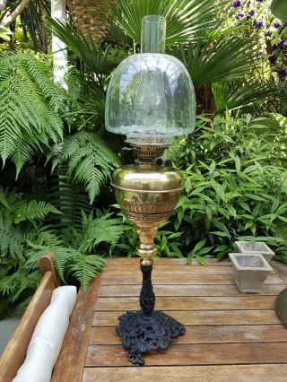 Vintage Oil Lamp Cast Iron Base,  Brass Font,  Duplex Burner,  Clear Glass Shade.