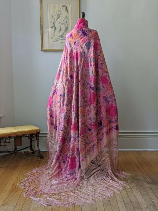 Vintage 1920s Pink Embroidered Shawl Antique Silk Piano Shawl Floral Embroidery