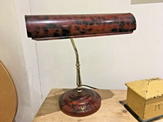 Vintage 1970s Bankers Desk Light In Brass With Metal Shade Faux Marble