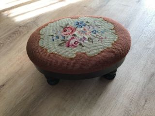 Antique Mahogany Wood/ Vintage Prayer Stool/foot Rest/ Lovely Tapestry With Rose