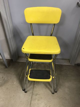 1960s Kitchen Retro Vintage Cosco Yellow Step Stool Chair Ladder Metal Fold Out