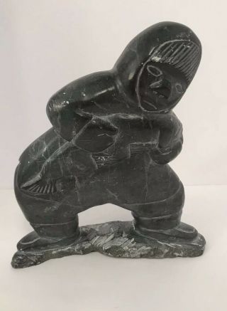Vintage Eskimo Inuit Soapstone Carving Of A Women Or Man Holding Fish 1974 - 8”