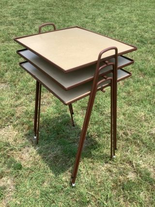 Vtg Mid Century Patio Garden Nesting Stacking Iron Table Set Plant Stand Hairpin