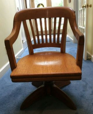 Vintage Swivel Lawyer Banker Chair Oak 1949 Adjustable Height - Missing Wheels