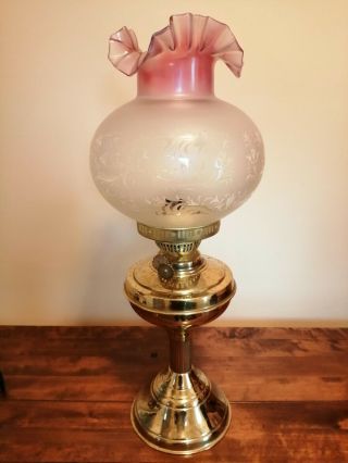 Vintage Brass Oil Lamp With Victorian Style Cranberry Frosted Glass Tulip Shade