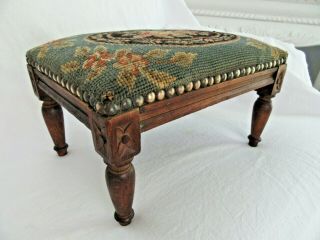 Vintage Foot Stool Ottoman Mahogany Carved Wood Country Primitive Needlepoint
