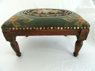 Vintage Foot Stool Ottoman Mahogany Carved Wood Country Primitive Needlepoint 3