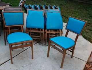 Vtg.  Stakmore Wood Frame Folding Chairs In Blue/teal Ex.  Cond.  Set Of 4