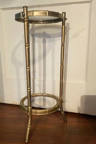Vtg Mcm Hollywood Regency Faux Bamboo Gold Plant Stand Accent Table W/glass Top