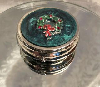 Vintage Silver Tone Pill Trinket Box Enameled Christmas Wreath Red Rhinest