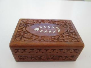 Vintage Sheesham Wood Hand Carved Jewelry Trinket Box W Floral Inlay 5068