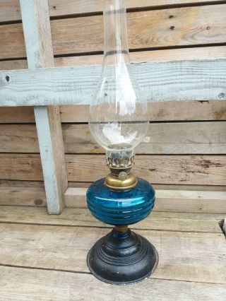 Antique Blue Turqoise Glass Oil Lamp English Made Burner