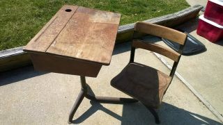 Antique Student School Desk,  Cast Iron,  Wood Top & Chair 1940s.  Pick Up Only