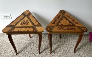 Vintage Italian Inlaid Wood Music Jewelry Box Little Sewing Side Table Pair