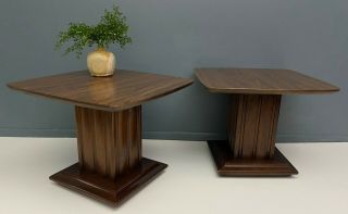 Vintage Pair Mid Century Walnut Pedestal Side Tables Nightstands 60s