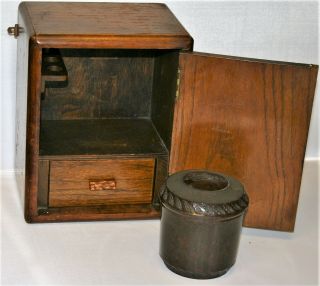 Antique Edwardian Oak Smokers Cabinet With Bakelite Tobacco Jar Inside