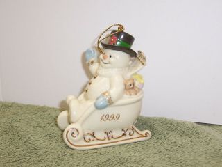 1999 Lenox Classics Snowman Ornament " Sleigh Full Of Smiles " Gold Accents