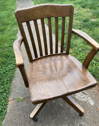 Vintage Wood Banker Chair Antique Office Industrial Wooden Swivel Arm Desk Oak