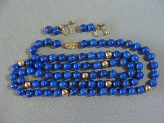 Vintage Blue Lapis Lazuli & 14k Gold Bead 33 " Necklace & Earring Set