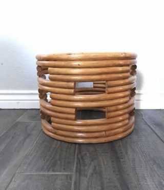 Small Mid Century Modern Paul Frankl Style Round Rattan Table With Glass Top