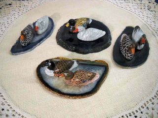 4 Duck Figurines On Agate Polished Sliced Stone Slab Hand Painted