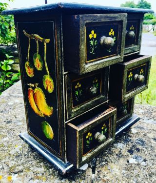 English Victorian Ebonised Minaiture Bank Of Drawers Fruit And Floral Motif