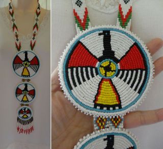 Vintage Beaded Triple Medallion Necklace Native American Indian Seed Beadwork