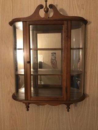 Vintage Butler Curved Glass Curio Display Case Mirror Wall 3 Shelf Cabinet