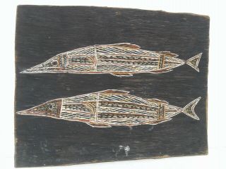 Rare Vintage Australian Groote Eylandt Aboriginal 2 Fish Bark Painting Wall Art