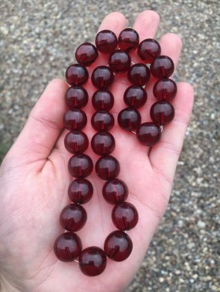 Good Vintage Phenolic Cherry Amber Bakelite Faturan Round Bead Necklace 46.  9g