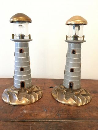 Pair Vintage Deco Style Brass,  Copper And Metal Lighthouse Lamps