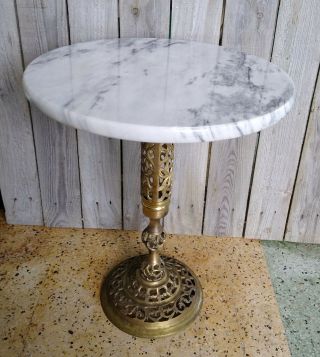 Vintage Mid Century Marble Top Brass Pedestal End Lamp Table Plant Stand