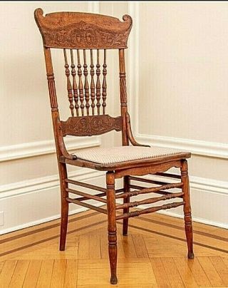 Antique Carved Pressed Oak High Spindle Back Side Chair