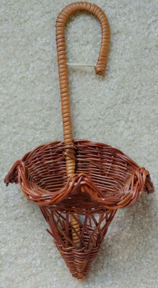 Small Vintage Wicker Rattan Umbrella Shape Wall Hanging With Opening
