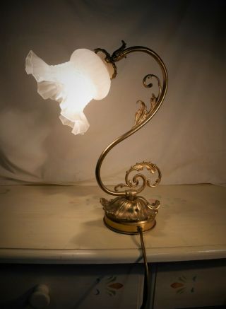 Antique French Art Nouveau Brass Scroll Table Lamp.  Opaque Frilled Glass Shade