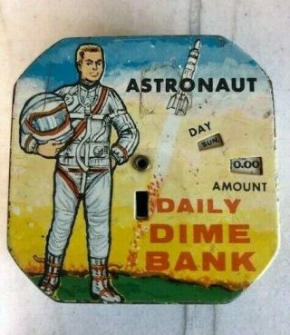 Vintage Sci - Fi Tin 1950s Astronaut Daily Dime Bank Kalon Mfg Tin