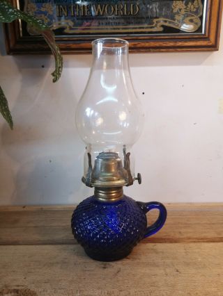 Lovely Vintage Pre Victorian Royal Blue Glass Finger Oil Lamp