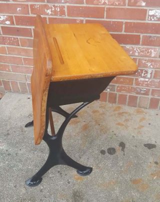 Antique Childs School Desk Black Cast Iron & Solid Oak Small Desk 26.  5x18.  5x12.  7 3