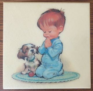Vintage 1960s Little Boy Praying With Dog Wall Plaque Tile Pete Hawley Hanging