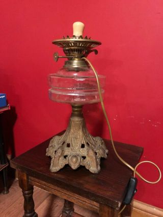 Vintage Oil Lamp Converted To Electric Glass Font Cast Base - Gwo