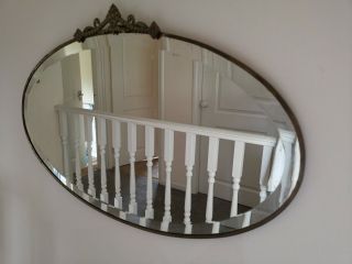 Vintage Art Deco Framed Bevelled Wall Mirror 1930s 1920s Chain Oval