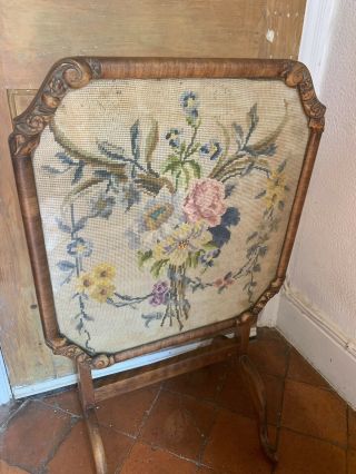 Antique Vintage Side Table Fire Screen With Tapestry Needlepoint Panel Tilt Top
