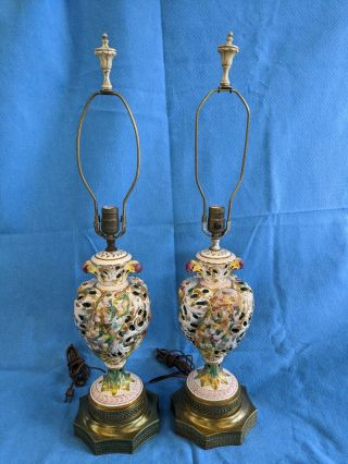 Italian Vintage Gold Capodimonte Porcelain Hand Painted Table Lamps