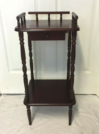 Vintage Mahogany Finish Wood Telephone / Plant Stand Table W/ Shelf And Drawer