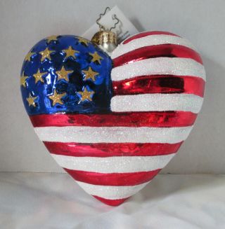 Christopher Radko Brave Heart Glass 9 / 11 Heart Shaped Flag Ornament W/tag 2001