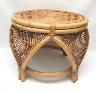 Vintage Wicker Bamboo Rattan Round Side Table Stool British Hong Kong