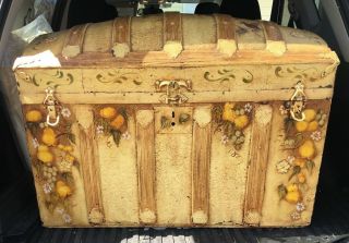 Antique Hand Painted Dome Top Steamer Trunk With Wheels
