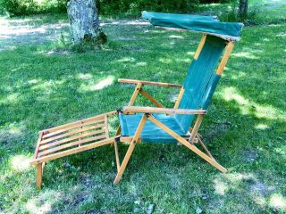 Vintage Antique Folding Wooden Deck Chair By Telescope W Sun Shade Canopy