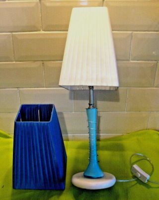 Old Vintage Pale Blue & White Glass Table Lamp & 2 Silk Shades 1 Blue & 1 White