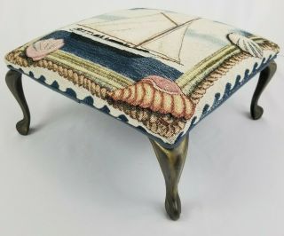 Vintage Nautical Sailboat Footstool Ottoman With Queen Anne Style Cast Iron Legs